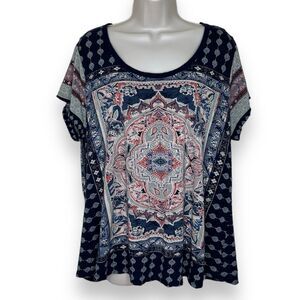 Lucky Brand Cotton Modal Short Sleeve Boho Navy Blue Medallion T Shirt Women 1X